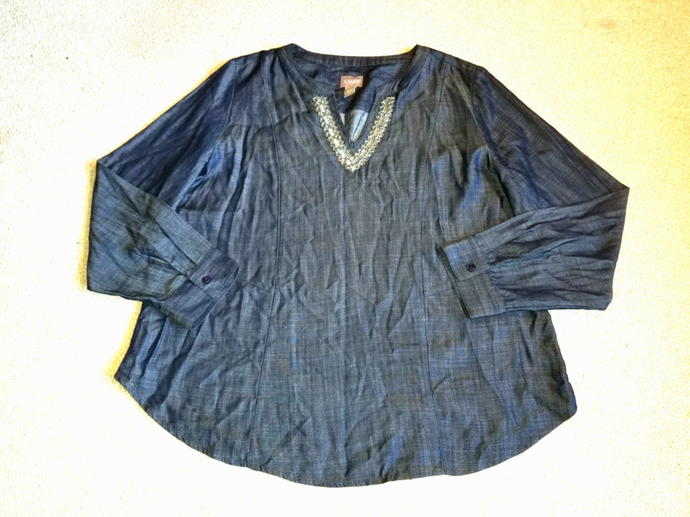 Womens Top-CHICO'S-blue tencel chambray beaded Artsy lagenlook tunic-2 (10/12)